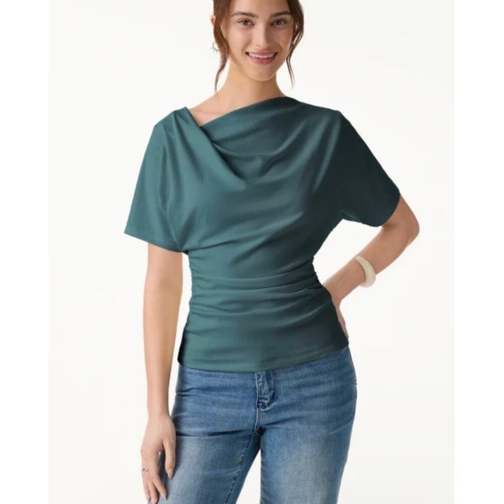 OGL Green Stretch Linen Blend Cowl Neck Short Sleeve Top Size XL NEW